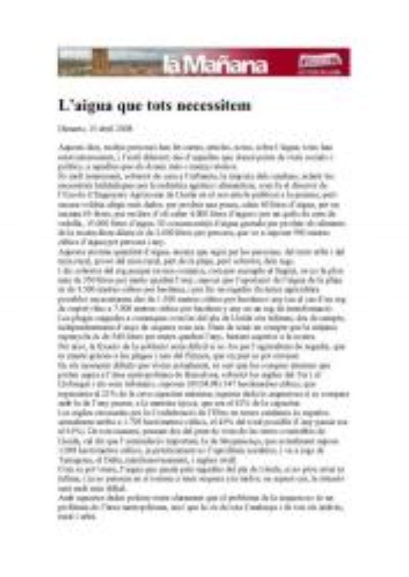 Article del company Francesc Camino, a la premsa. L’AIGUA QUE TOTS NECESSITEM