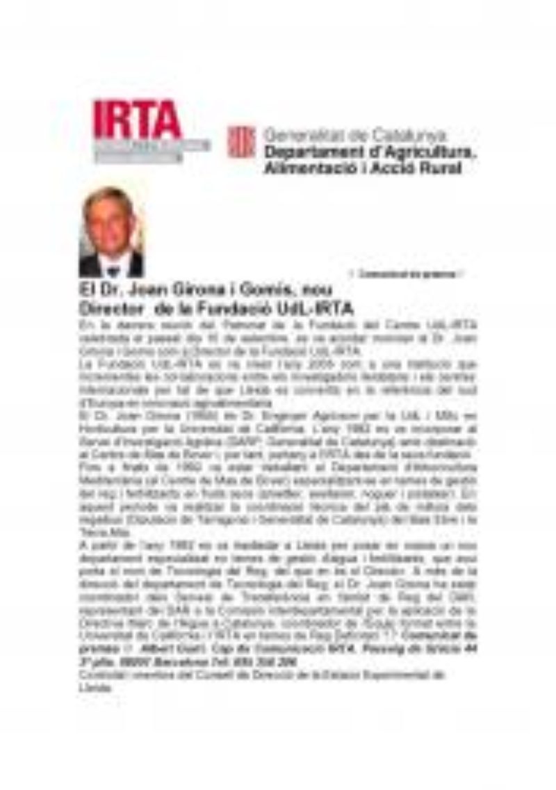 El company Joan Girona i Gomis, nou Director de la Fundació UdL-IRTA.