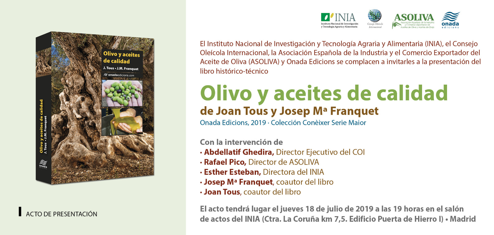 Invitació a l’acte de presentació del Llibre: Olivo y Aceites de calidad