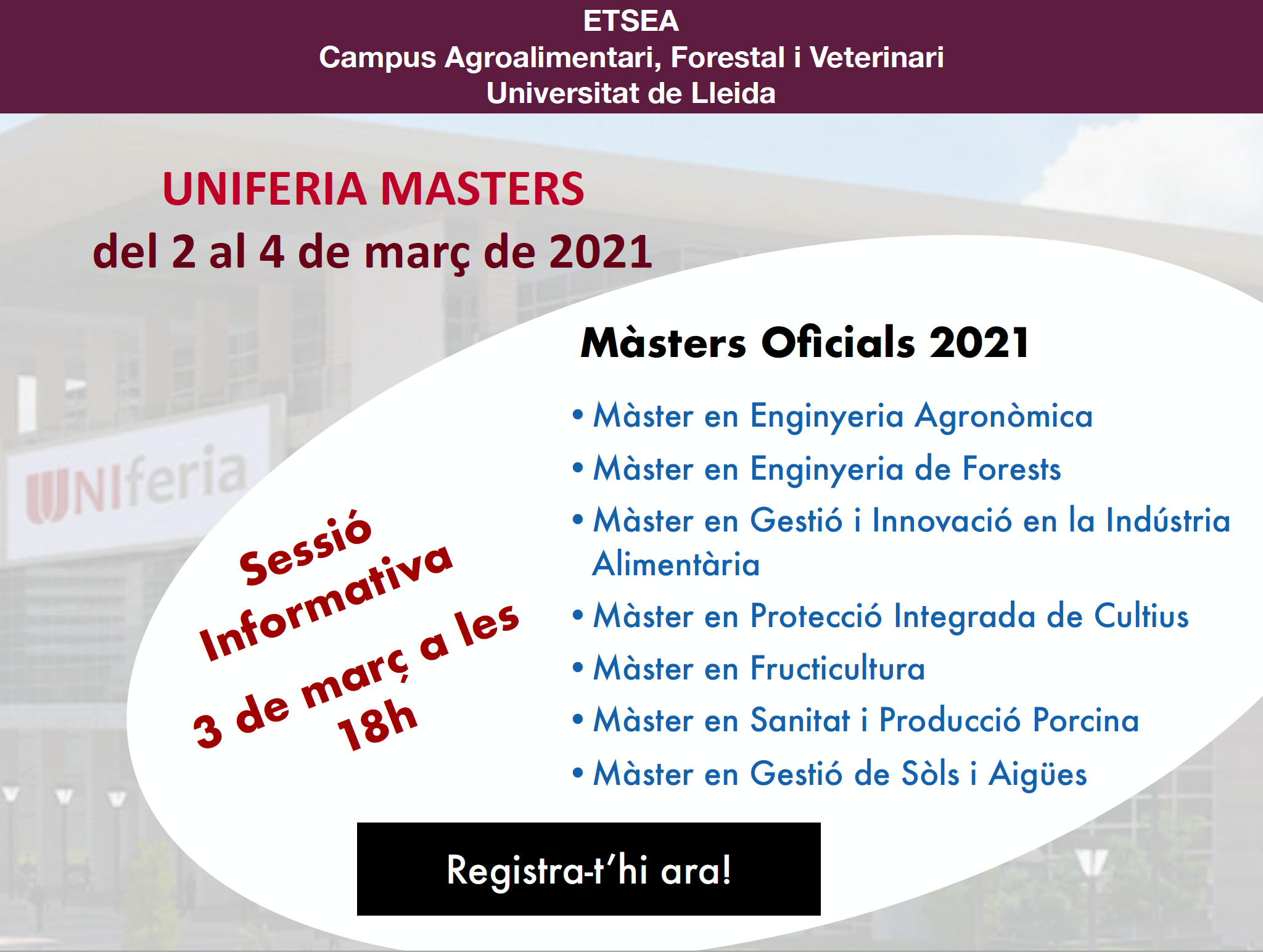 Sessió informativa de Màsters Agraris-Forestals-Alimentaris a la fira virtual UNIFERIA