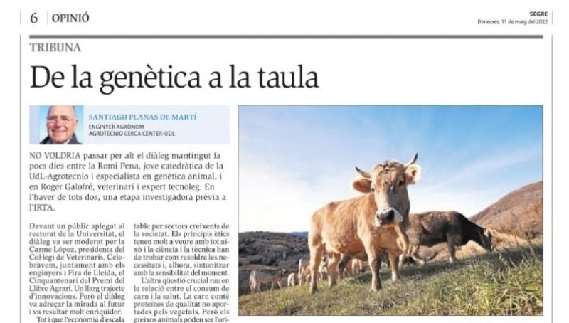 Article del company Santi Planas “De la genètica a la taula” publicat al diari Segre