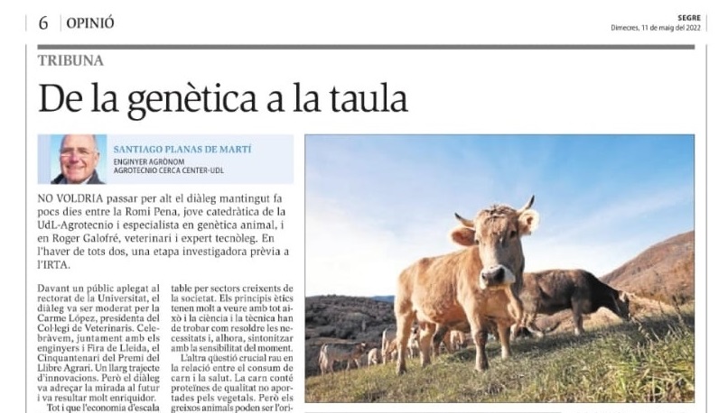 Article del company Santi Planas “De la genètica a la taula” publicat al diari Segre