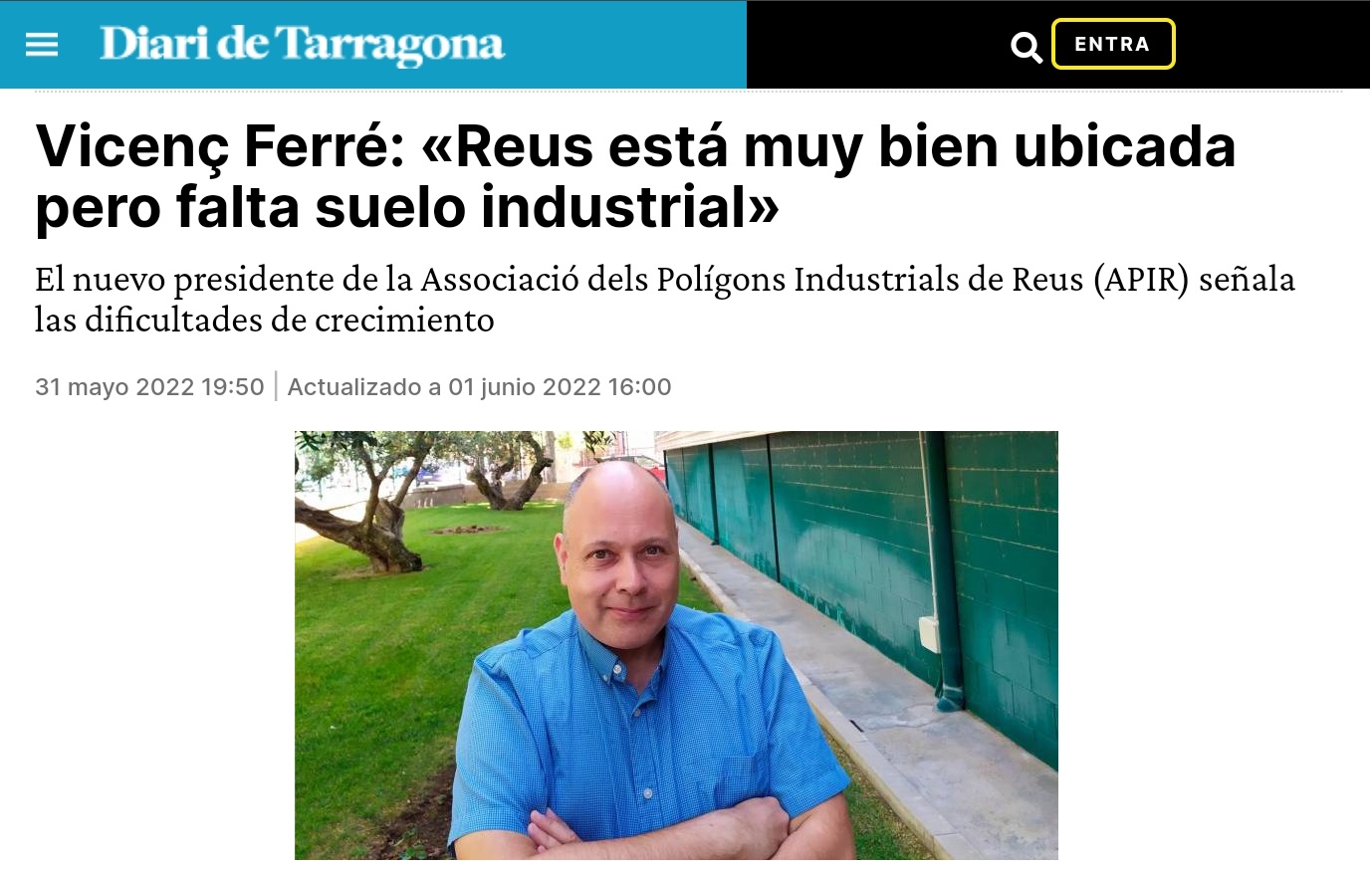 Entrevista al company Vicenç Ferré, al Diari de Tarragona, com a nou president de l’APIR
