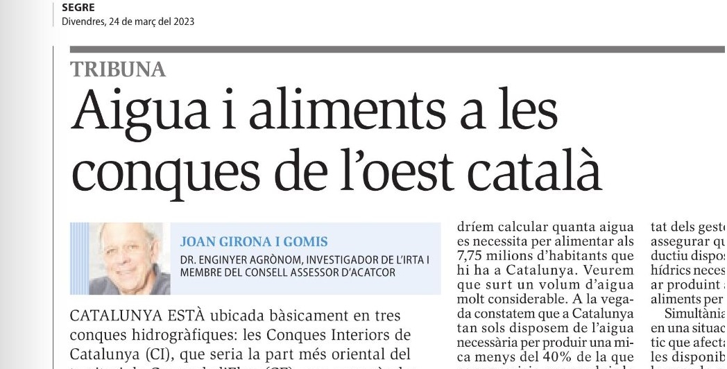 “Aigua i aliments a les conques de l’oest català”, article del company Joan Girona